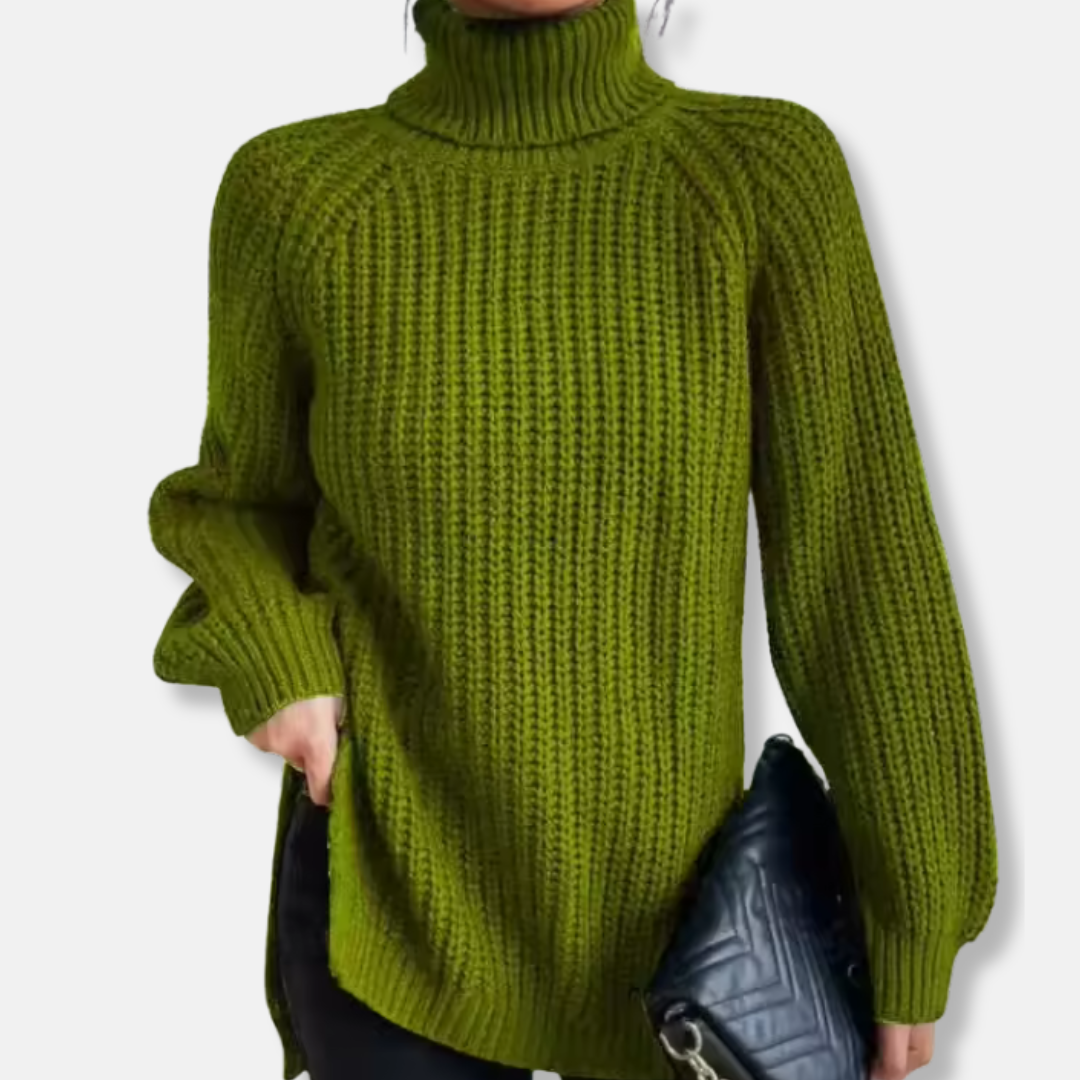 Women's sweater – Oversized fit – Chunky knit – Turtleneck – Raglan sleeves – Split hem