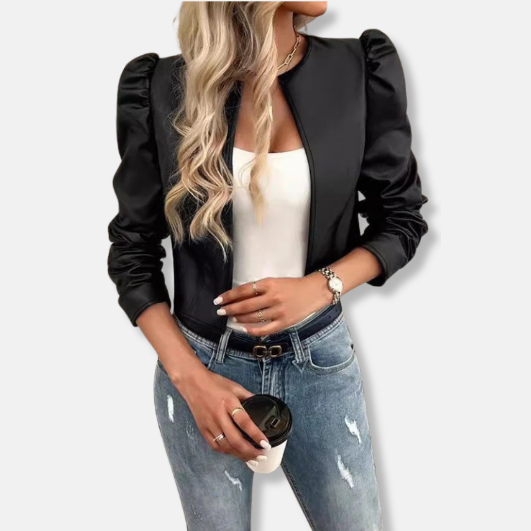 Ladies Blazer - Woven Fabric - Cropped - Collarless Neck - Puff Sleeves