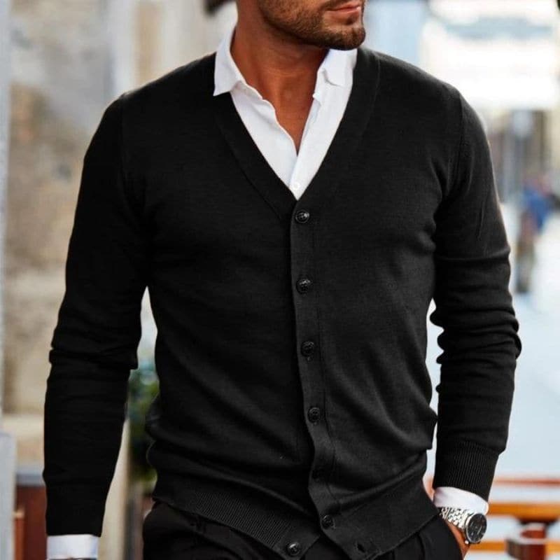 Men's Knitted Cardigan – V-neck – Cotton Blend – Regular Fit – Buttons – Ribbed Edges