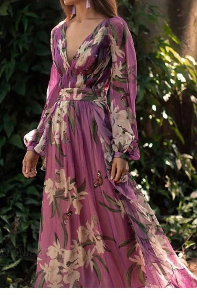 Long Sleeves V-Neck Printed Maxi Dress