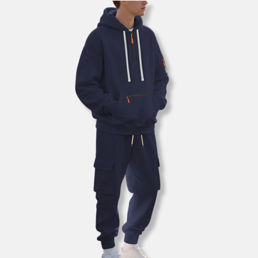 Men's Tracksuit – Relaxed Fit Hoodie with Half-Zip – Cargo Jogging Pants with Pockets