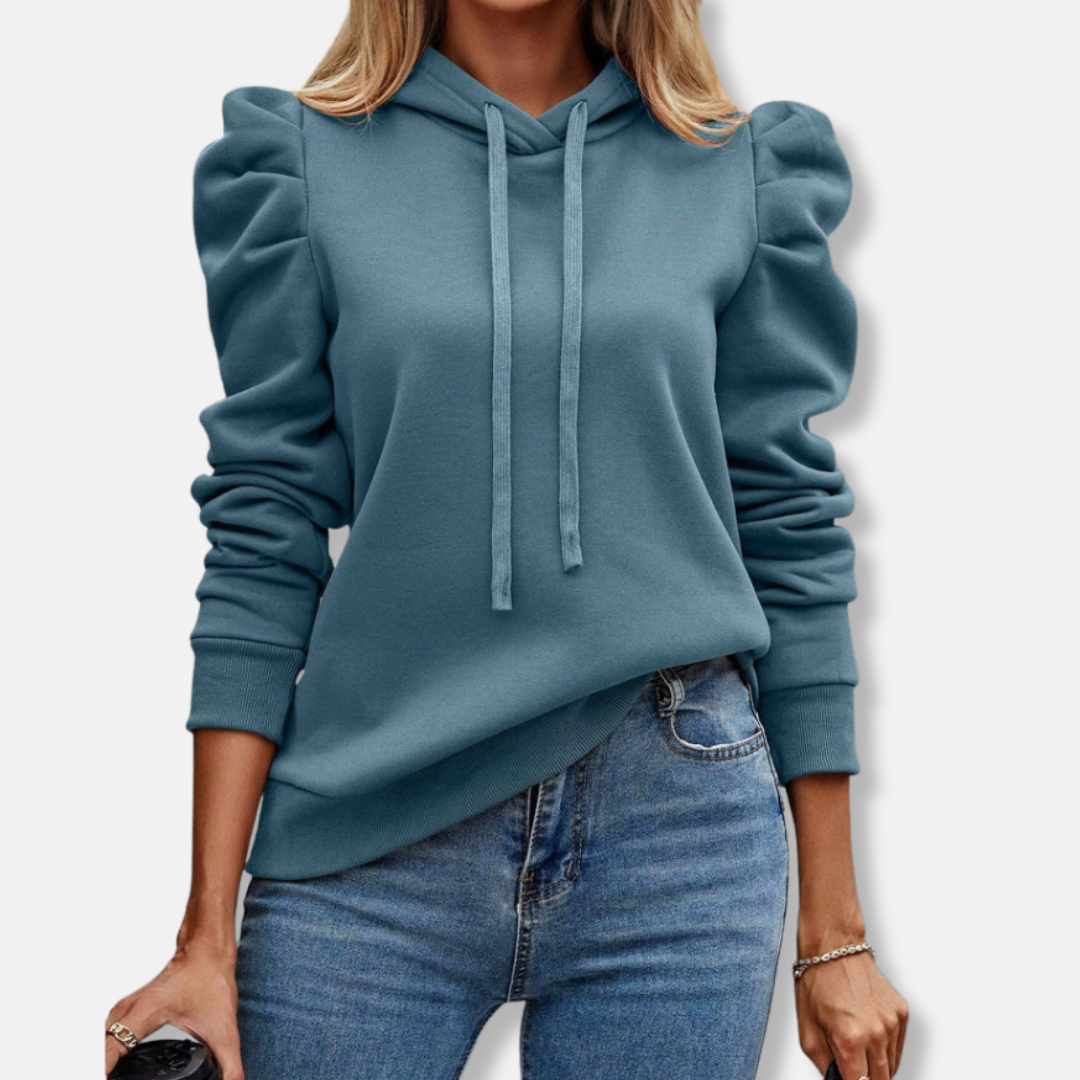 Women's Hoodie – Relaxed Fit – Puff Sleeves – Cotton Mix – Ribbed Trims