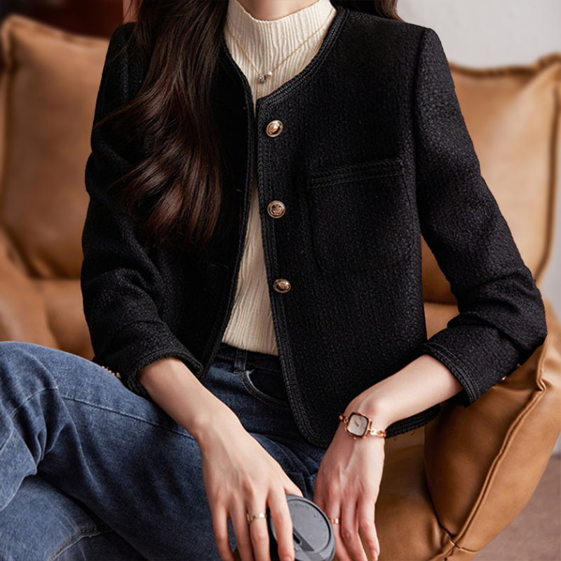 Ladies Blazer – Cropped Model – Tailored Fit – Tweed Texture – Gold Buttons