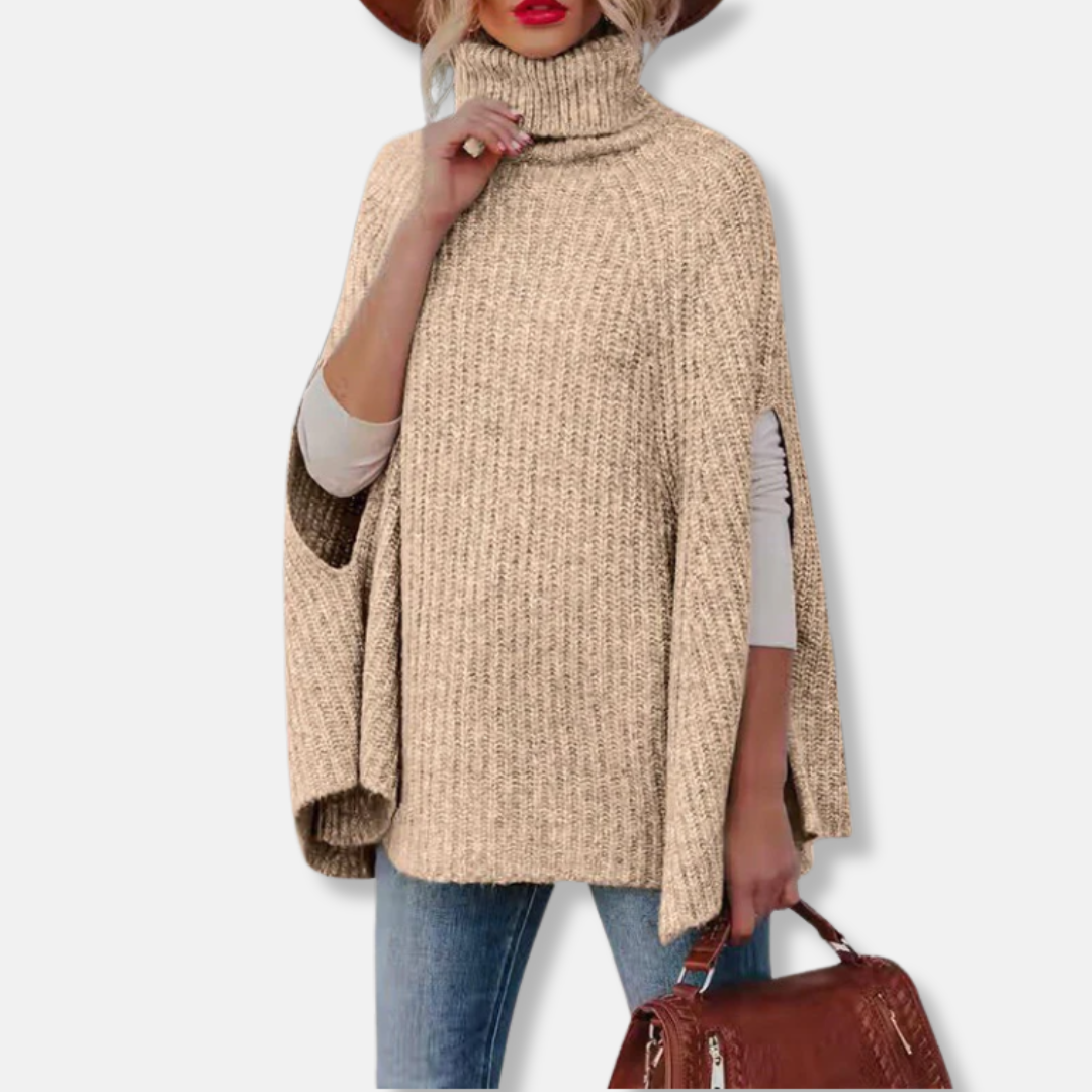 Ladies Cape Sweater – Loose Fit – High Collar – Ribbed Texture – Wool Mix