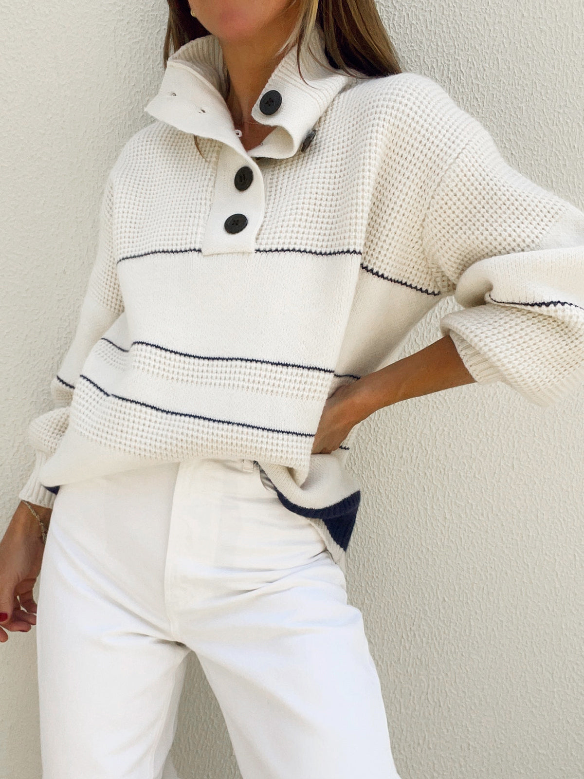 Amelia High Collar Striped Sweater | Buttoned Sweater