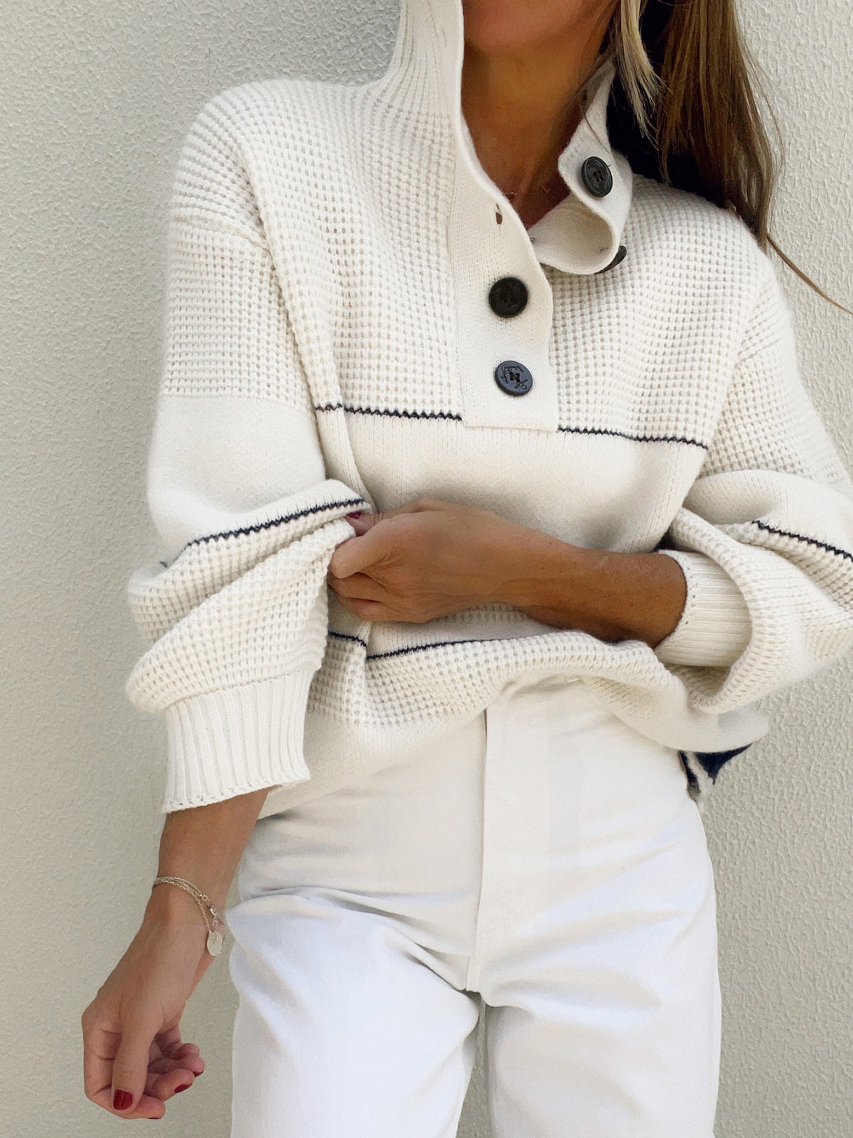 Amelia High Collar Striped Sweater | Buttoned Sweater