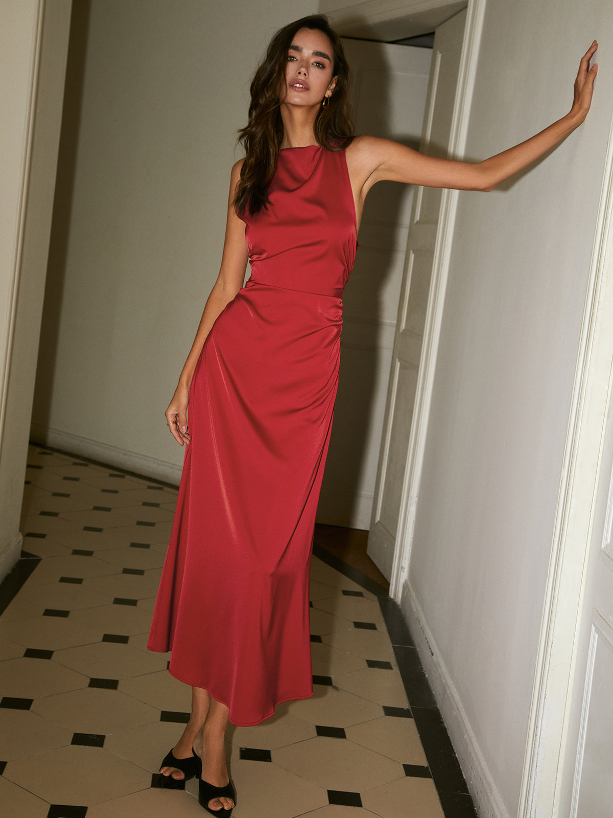 Satin Long Dress with Cowl Neck and Cross Back