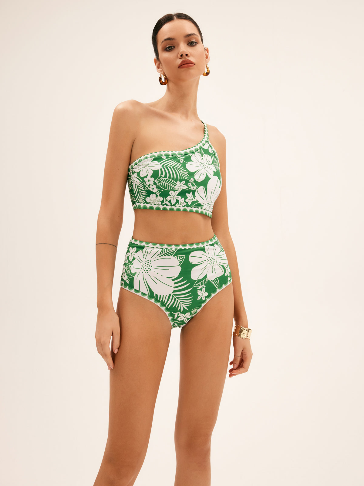 One-Shoulder Bikini Set with Floral Print for Women