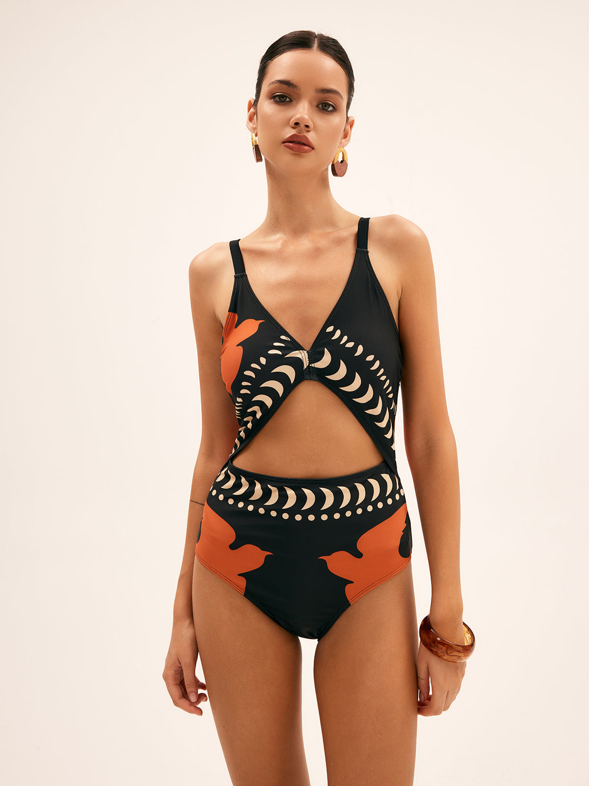 Cut-out swimsuit with tropical bird print for women