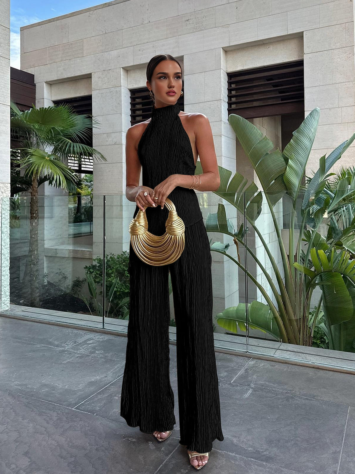 Asymmetrical Halter Crop Top with Wide Leg Pants Set