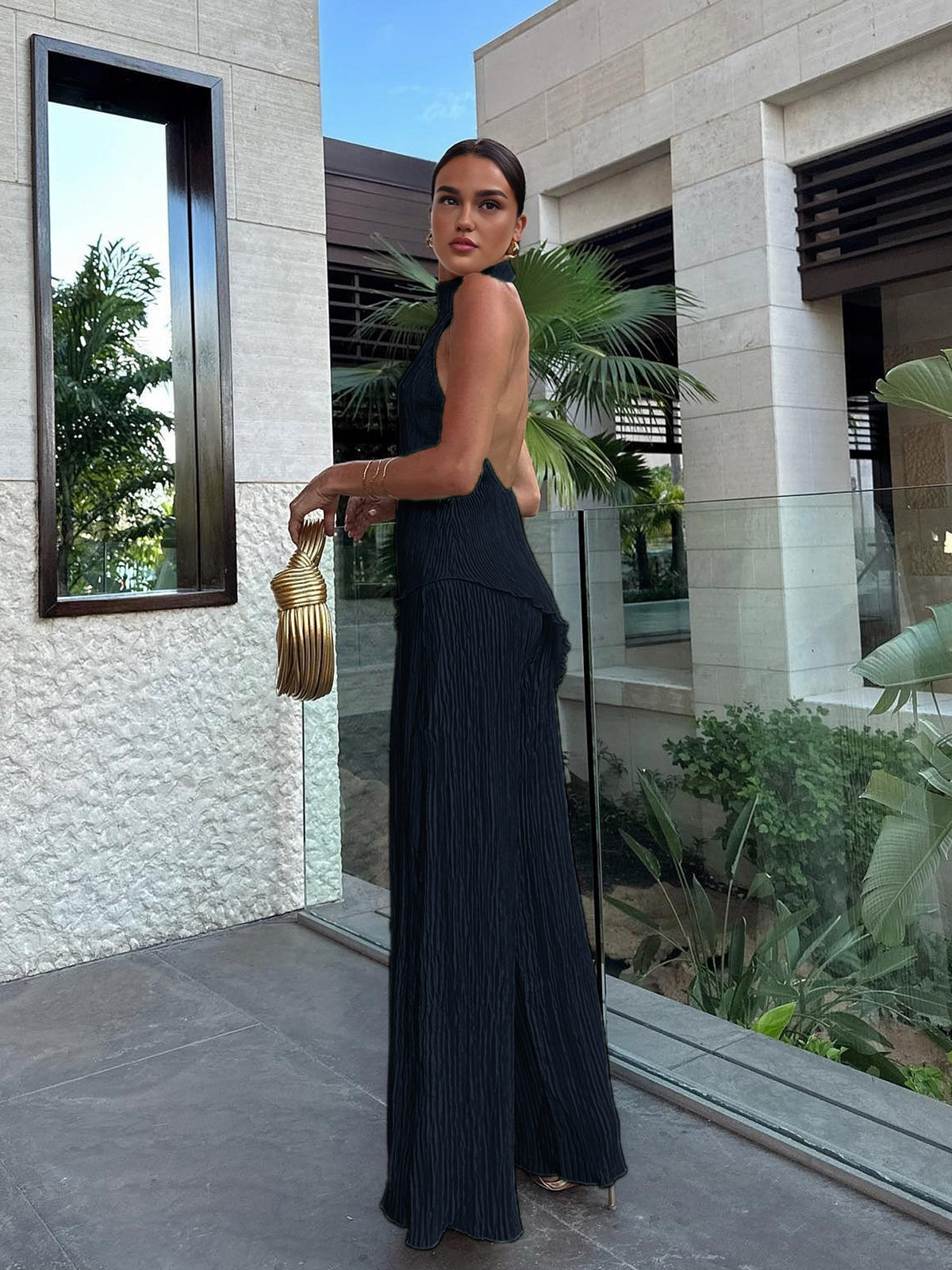 Asymmetrical Halter Crop Top with Wide Leg Pants Set