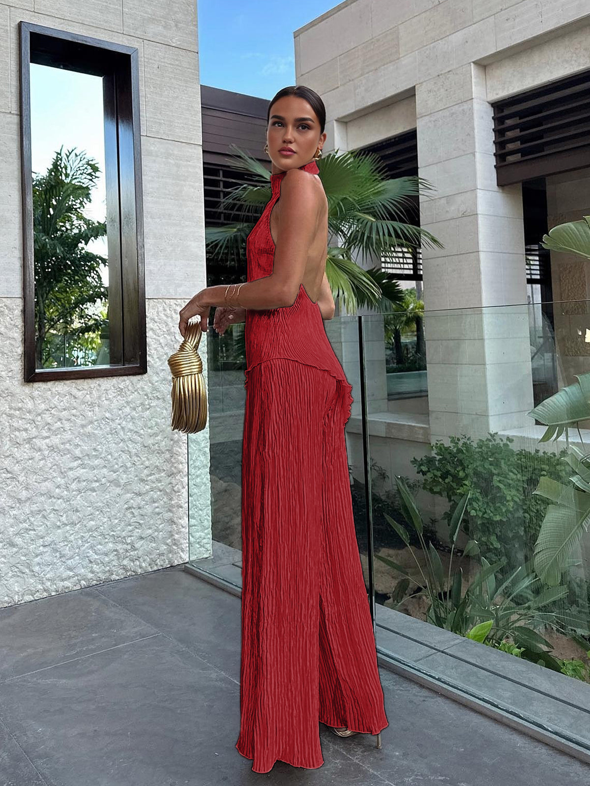 Asymmetrical Halter Crop Top with Wide Leg Pants Set