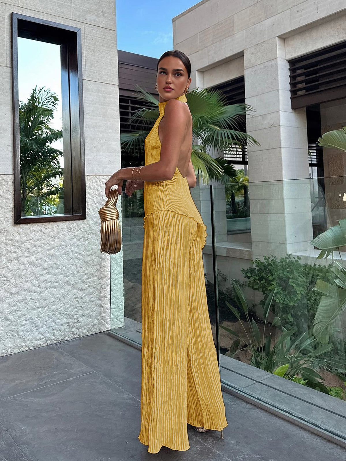 Asymmetrical Halter Crop Top with Wide Leg Pants Set