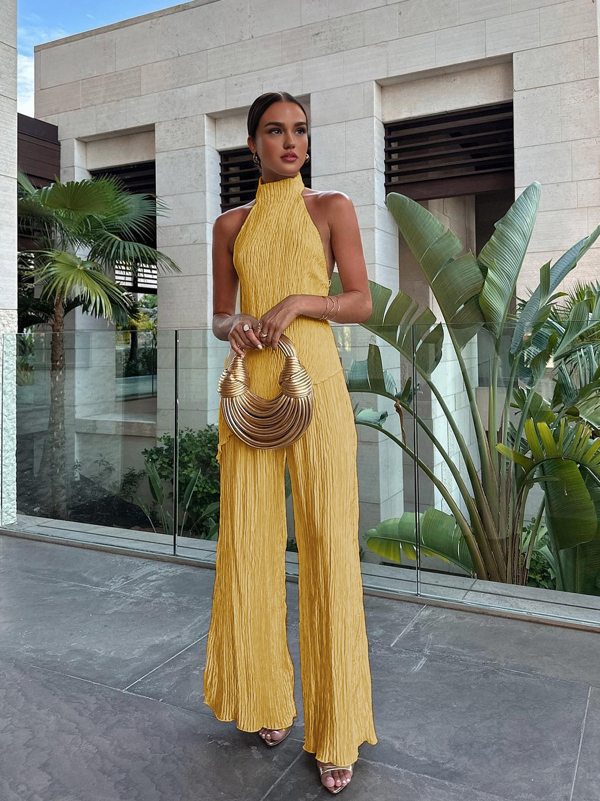 Asymmetrical Halter Crop Top with Wide Leg Pants Set