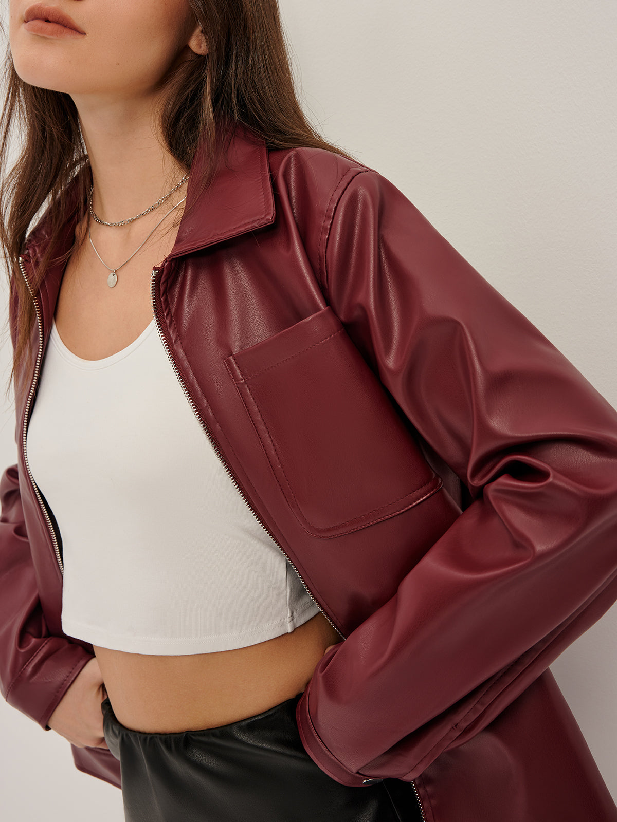Ivy leather collar-jacket | Plain zip-closure, hip-length jacket