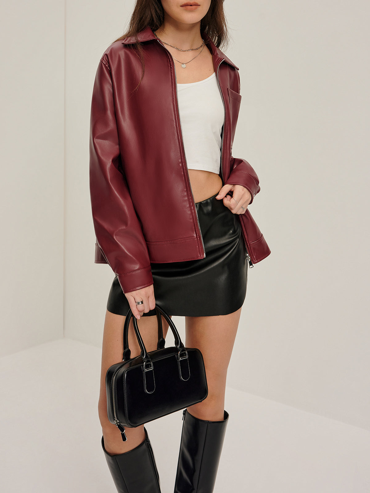 Ivy leather collar-jacket | Plain zip-closure, hip-length jacket