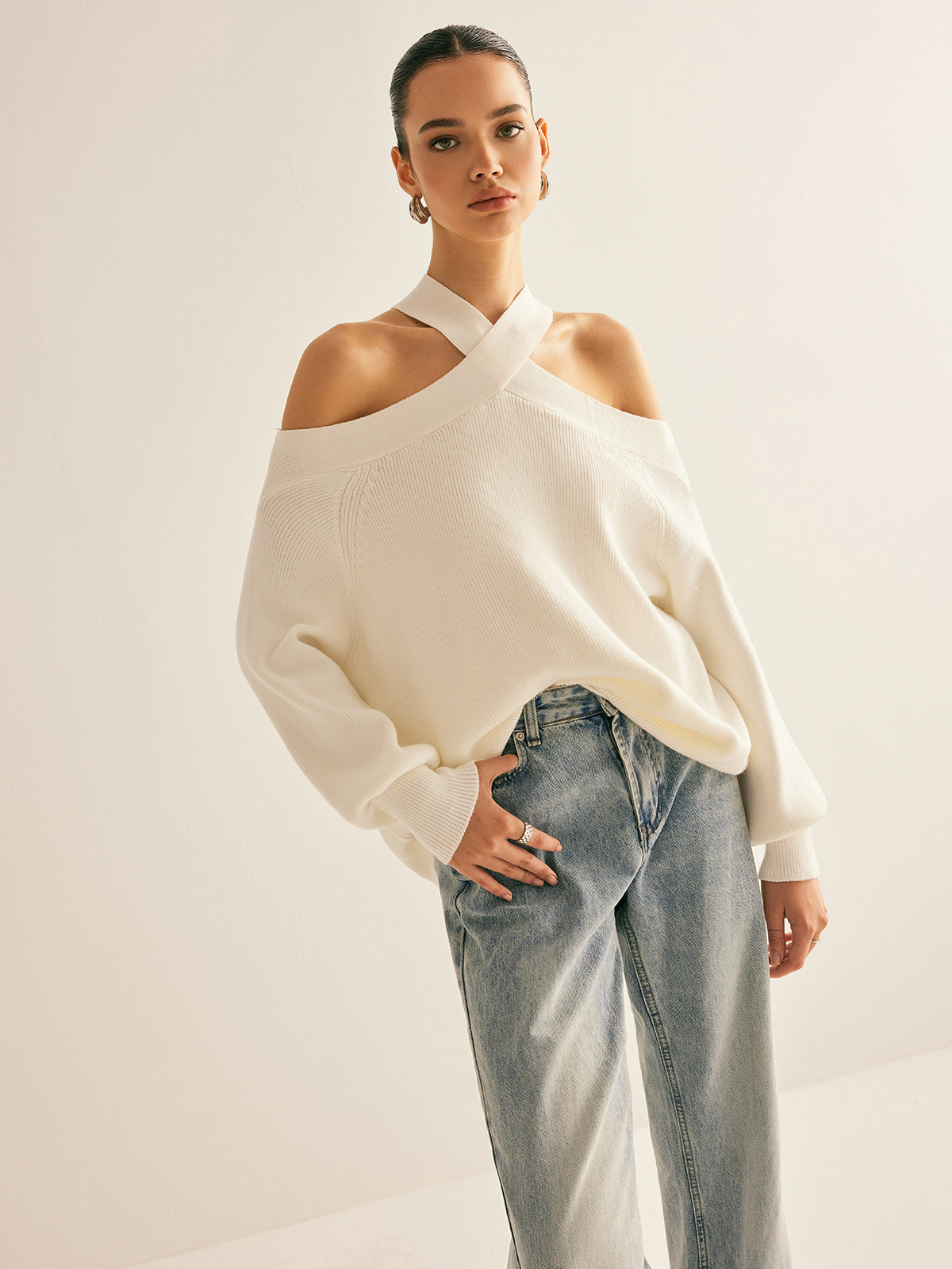 Amelia Cross Back Off-Shoulder Sweater | Knitted Loose Sweater