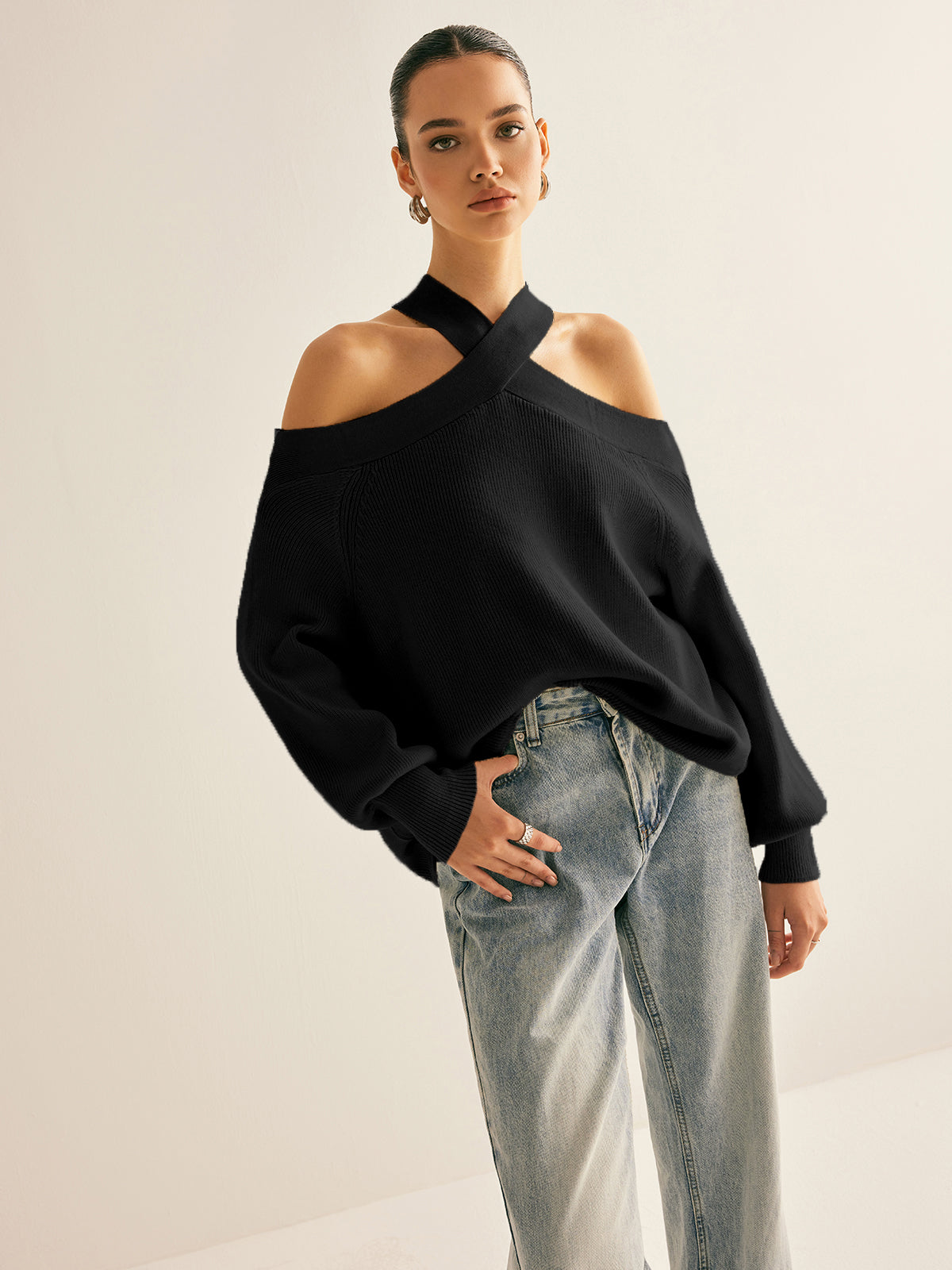 Amelia Cross Back Off-Shoulder Sweater | Knitted Loose Sweater