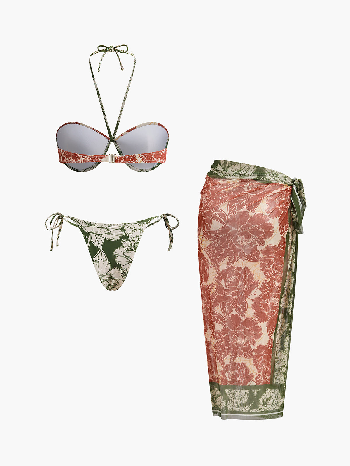 Bikini Set With Floral Print And Bow Skirt For Women