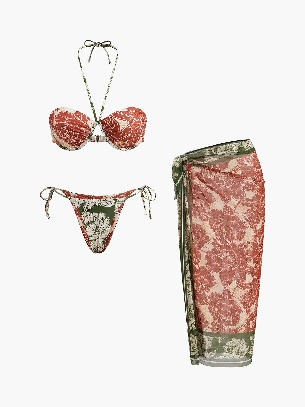 Bikini Set With Floral Print And Bow Skirt For Women