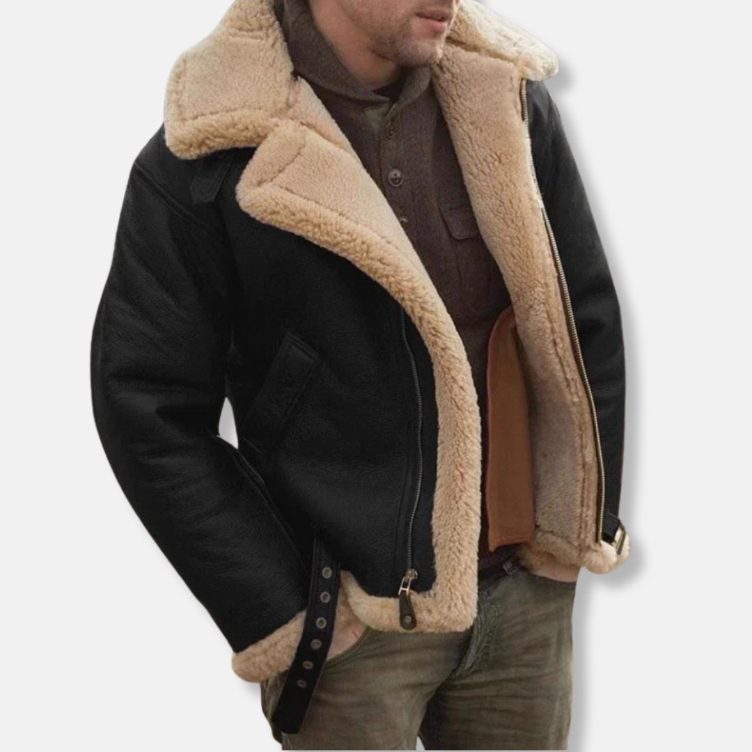 Men's Aviator Jacket – Leather Look – Shearling Collar and Cuffs – Adjustable Buckles – Zip Closure