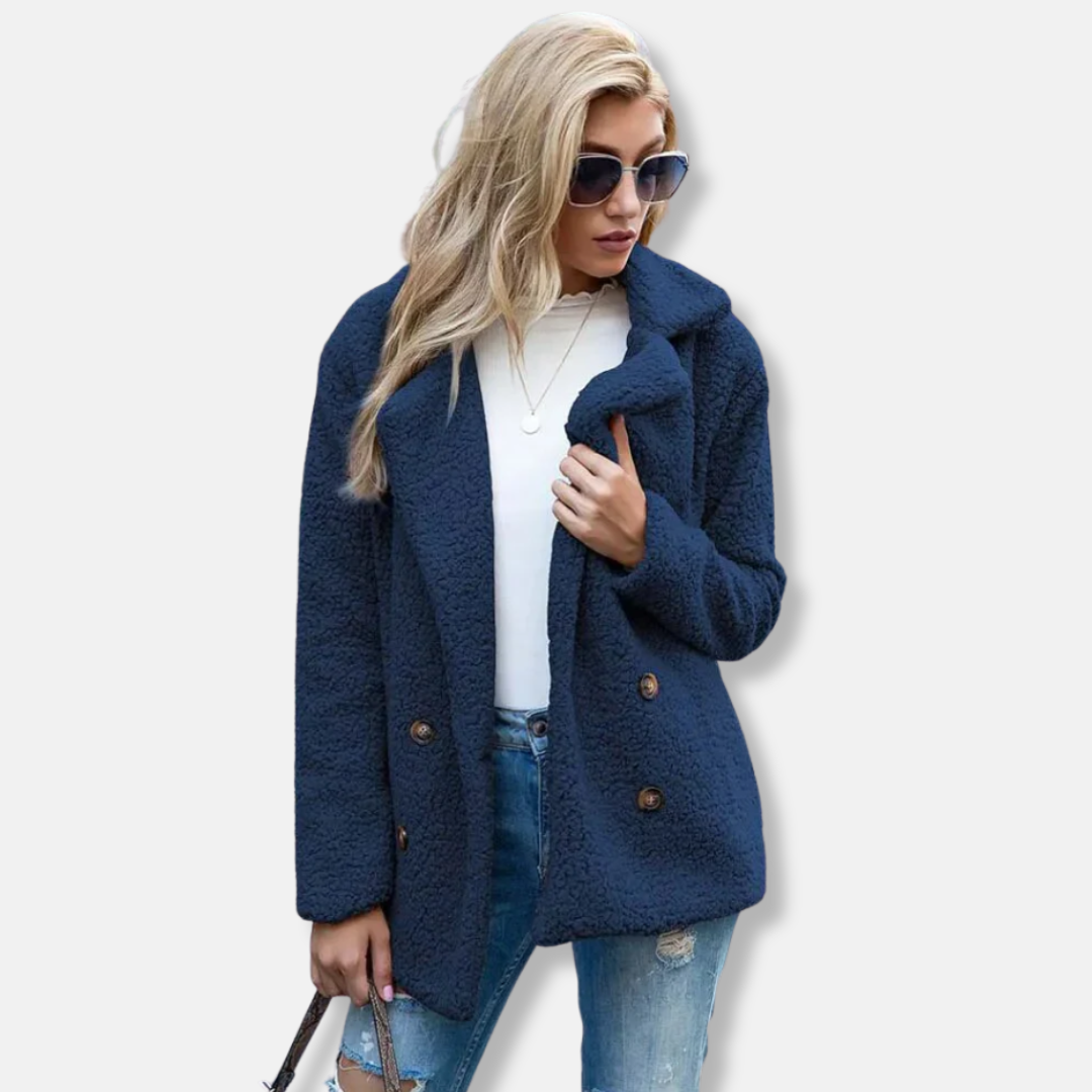 Ladies Coat – Double-Breasted – Relaxed Fit – Soft Texture – Hip Length – Notched Lapel