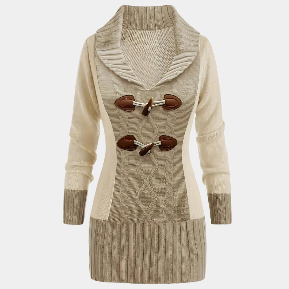 Ladies Sweater – Slim Fit – Woolmix Cable Knit – Shawl Collar – Toggle Closure