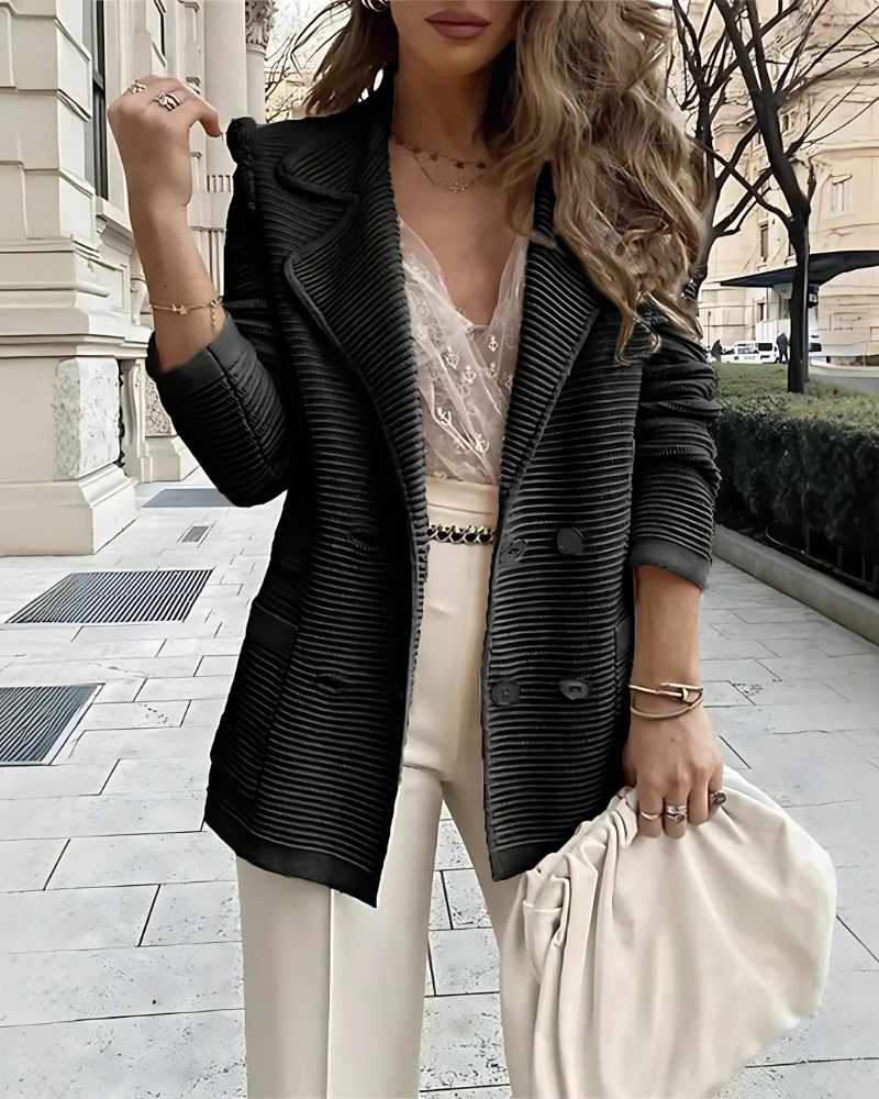 Women's Blazer – Relaxed Fit – Ribbed Texture – Double Row Buttons – Long Sleeve