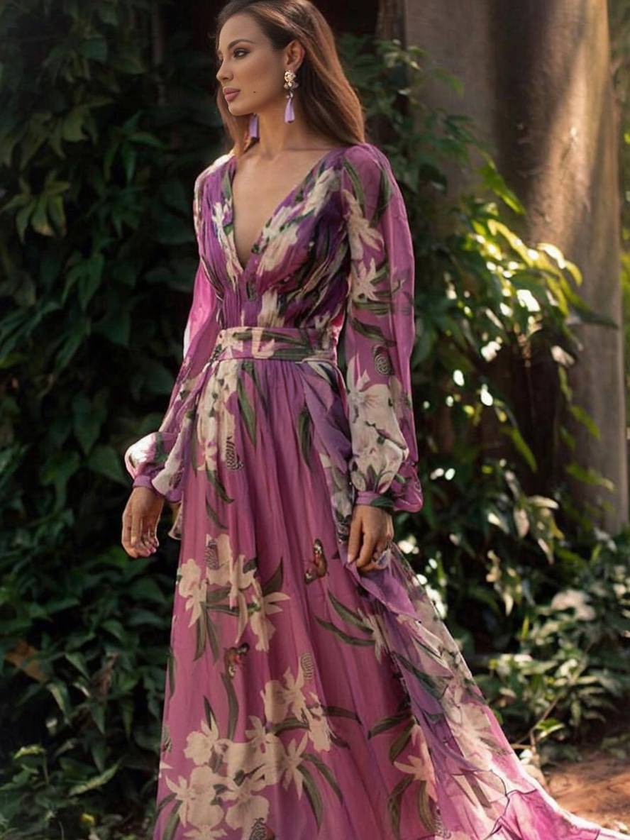 Ladies Floral Print Flowing V-Neck Maxi Dress with Long Sleeves