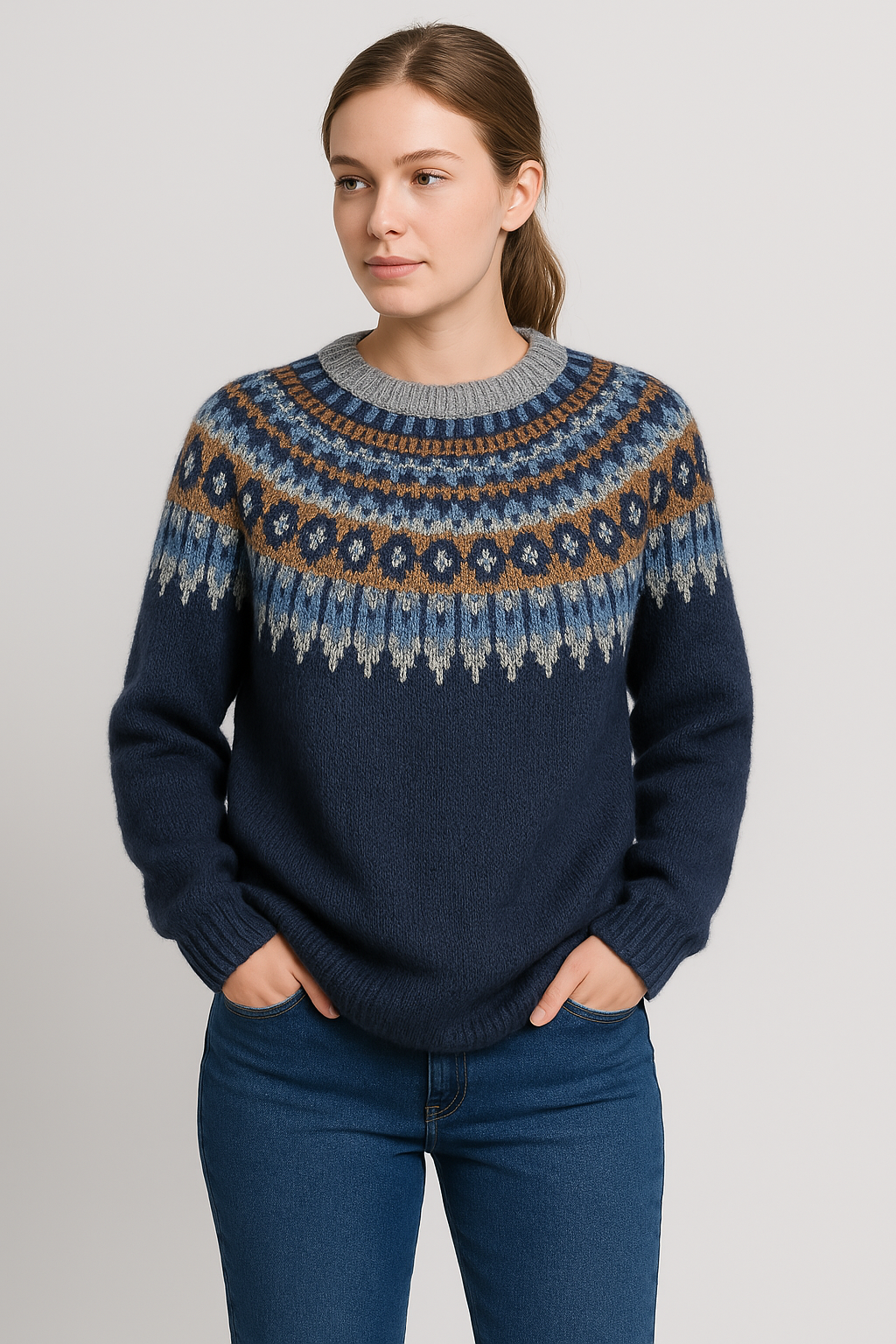 Chic Ladies Wool Sweater – Nordic Knit Design, Relaxed Fit