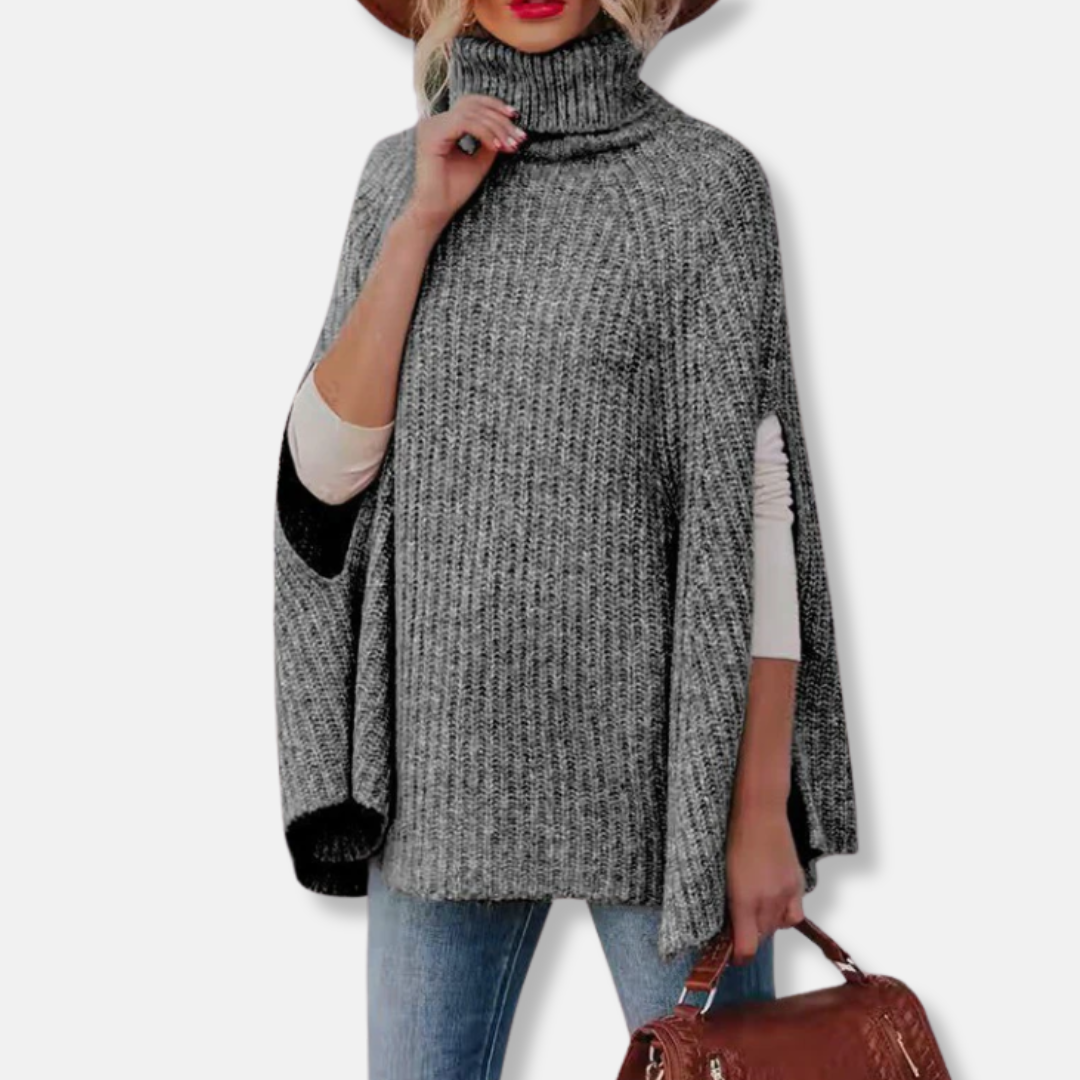 Ladies Cape Sweater – Loose Fit – High Collar – Ribbed Texture – Wool Mix