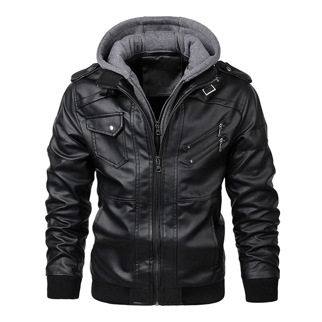 Men's Leather Jacket – Fitted Model – Detachable Hood – Zip Pockets – Epaulettes