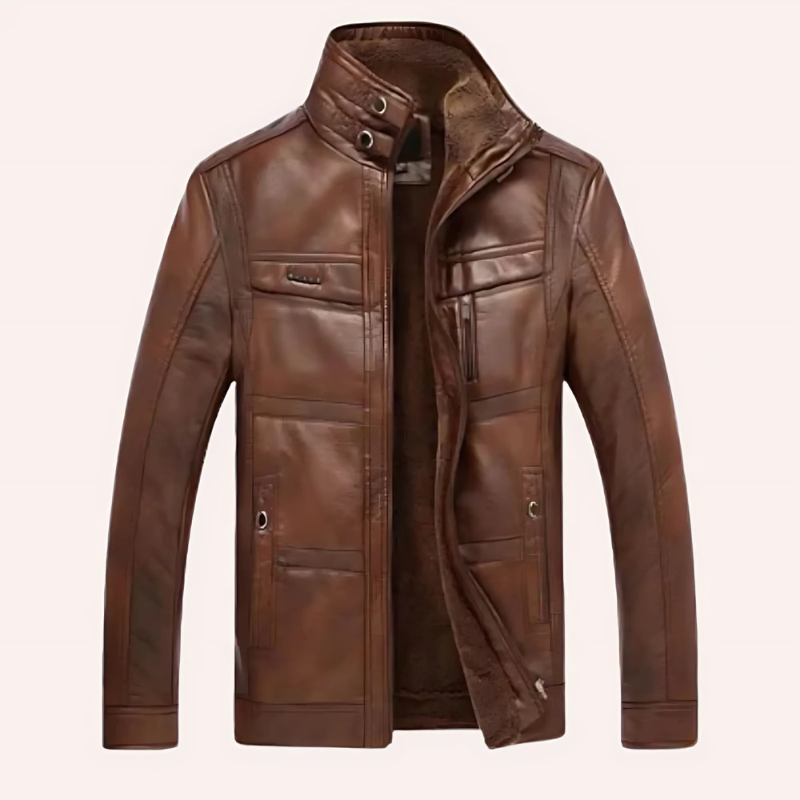 Men's leather jacket – Slim fit – Lined interior – High collar – Multiple pockets