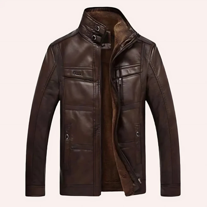 Men's leather jacket – Slim fit – Lined interior – High collar – Multiple pockets