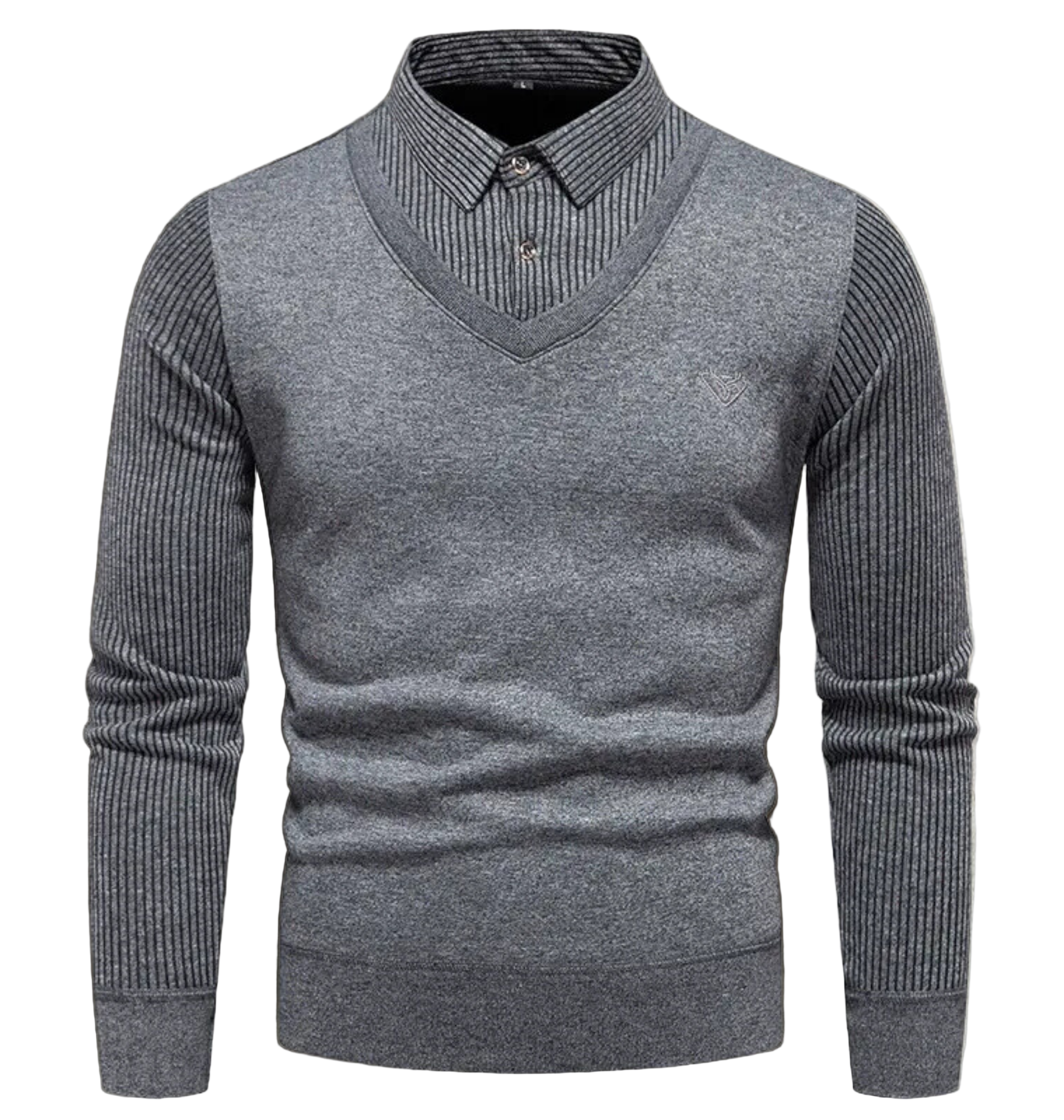 Men's Sweatshirt – Slim Fit – V-Neck – Imitation Layers – Ribbed Sleeves