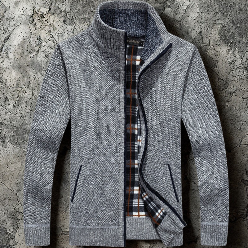 Men's cardigan with zipper – Relaxed fit – Textured knit – Stand-up collar – Ribbed trims