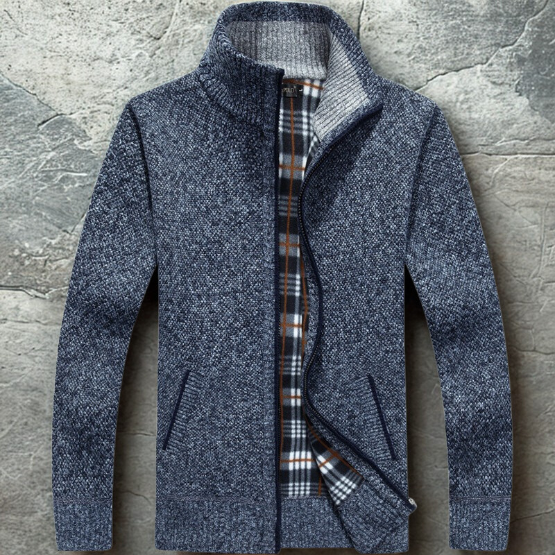 Men's cardigan with zipper – Relaxed fit – Textured knit – Stand-up collar – Ribbed trims