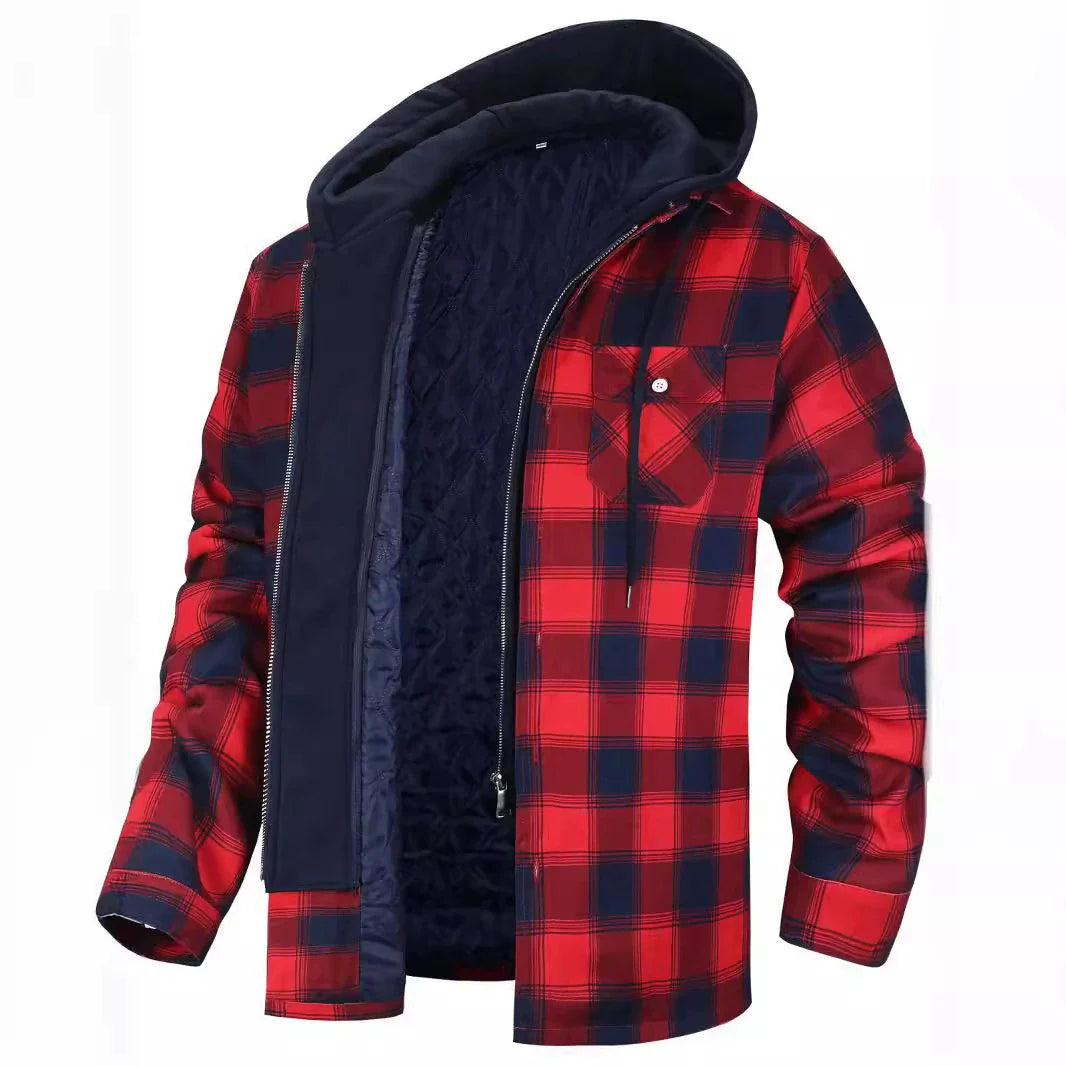 Men's Jacket – Casual Fit – Checked Design – Sherpa Hood – Quilted Lining