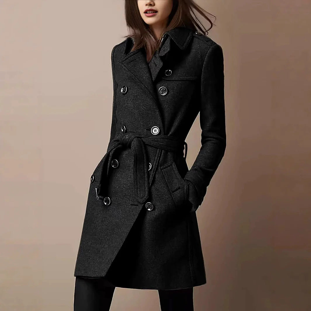 Women's Coat – Slim Fit – Wool Texture – Double-Breasted Closure – Belt – Mid-Length
