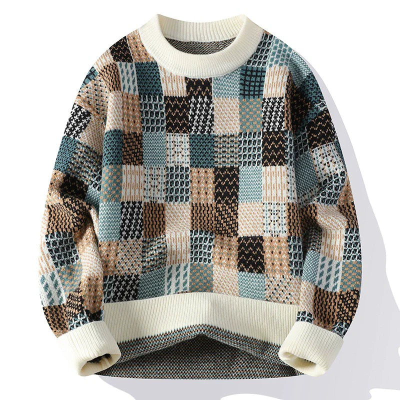 Men's Sweater – Relaxed Fit – Patchwork Knit – Ribbed Edges and Neckline