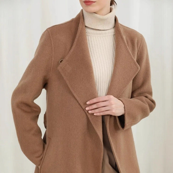 Women's Long Coat – Relaxed Fit – Wool – Stand-up Collar – Asymmetric Lapel