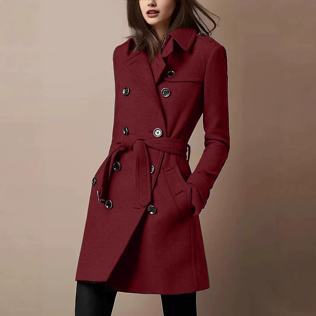 Women's Coat – Slim Fit – Wool Texture – Double-Breasted Closure – Belt – Mid-Length