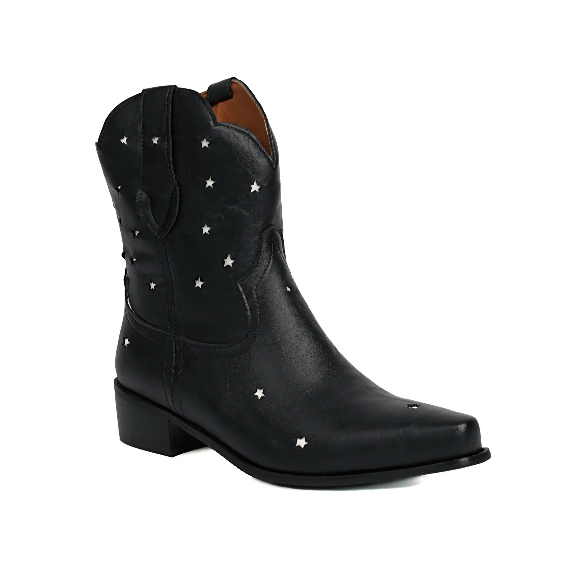 Women's Ankle Boots – Smooth Leather – Pointed Toe – Low Heel – Star Studs – Western Style