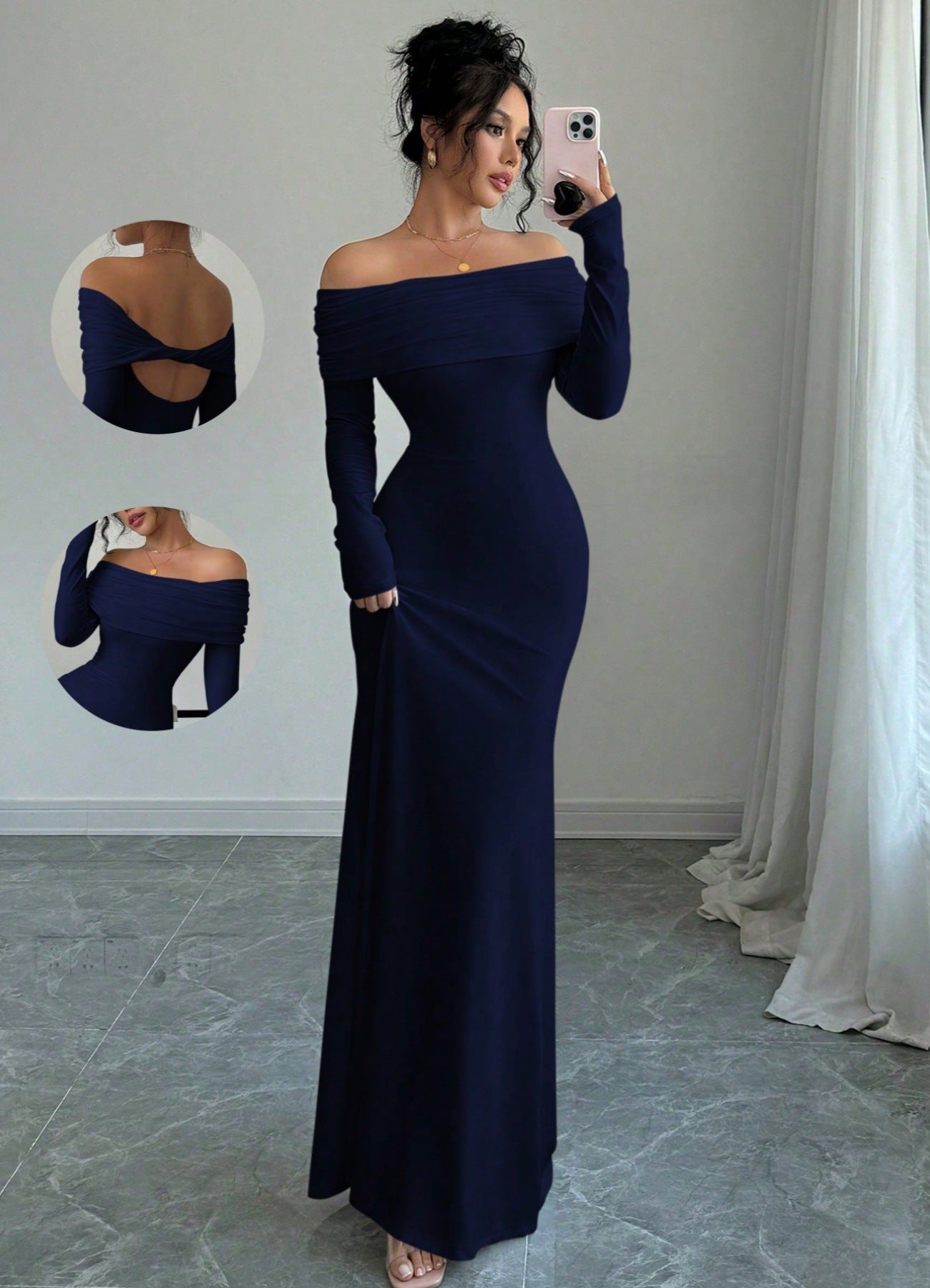 Overfold Off-Shoulder Mesh Long Sleeve Long Dress
