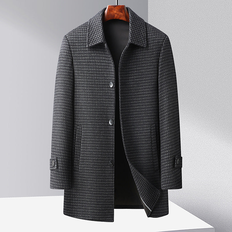 Men's Coat – Wool – Regular Fit – Houndstooth Pattern – Single Row Buttons – Cuff Bands