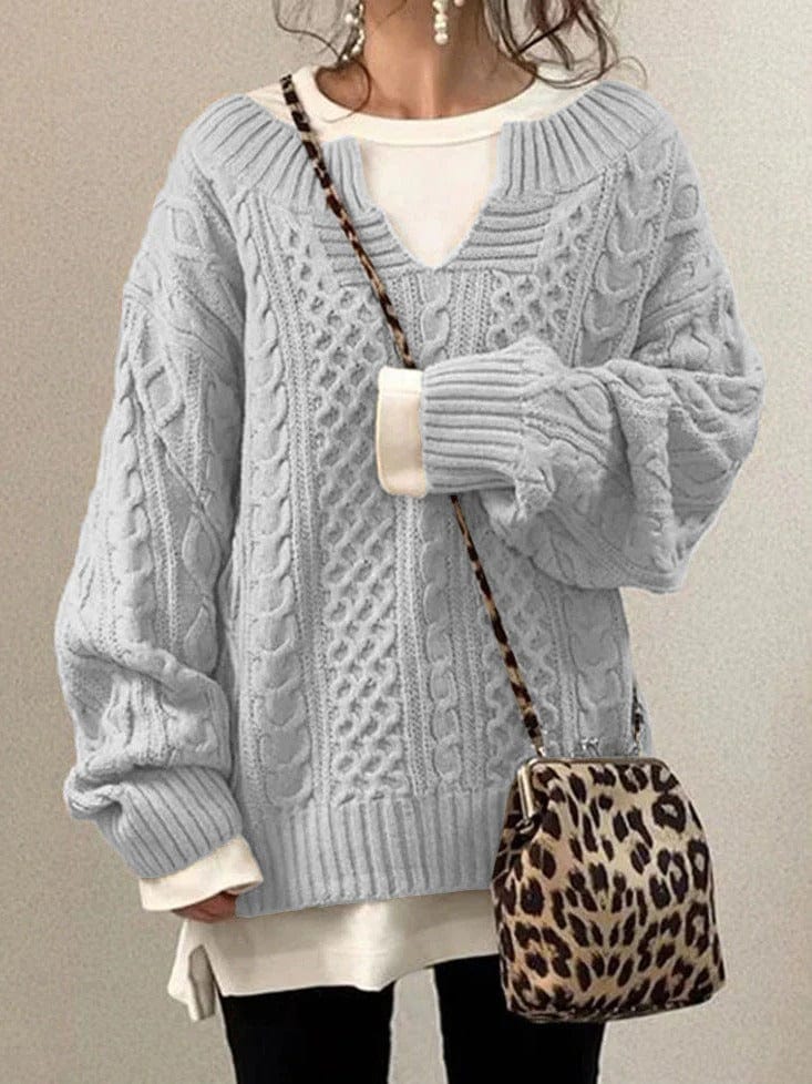 Women's Sweater – Oversized Fit – Wool Blend – Cable Knit – Deep V-Neck – Long Sleeves