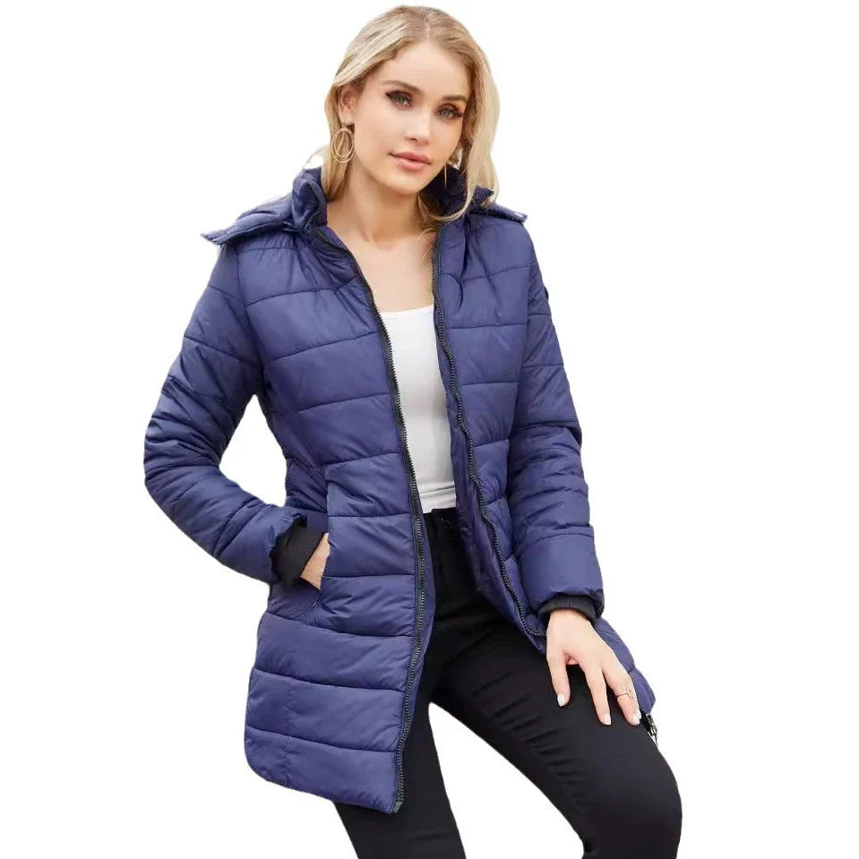 Ladies Puffer Jacket – Padded – Detachable Hood – Ribbed Cuffs – Mid-Length Model