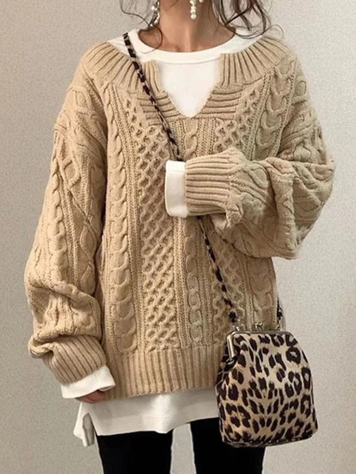 Women's Sweater – Oversized Fit – Wool Blend – Cable Knit – Deep V-Neck – Long Sleeves