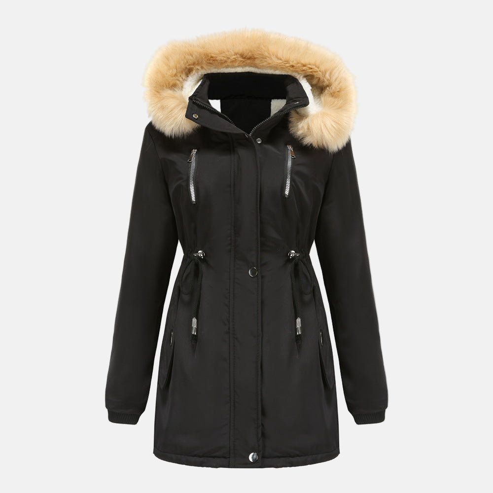 Women's Parka Coat – Adjustable Waist – Detachable Fur Collar – Windproof Cuffs