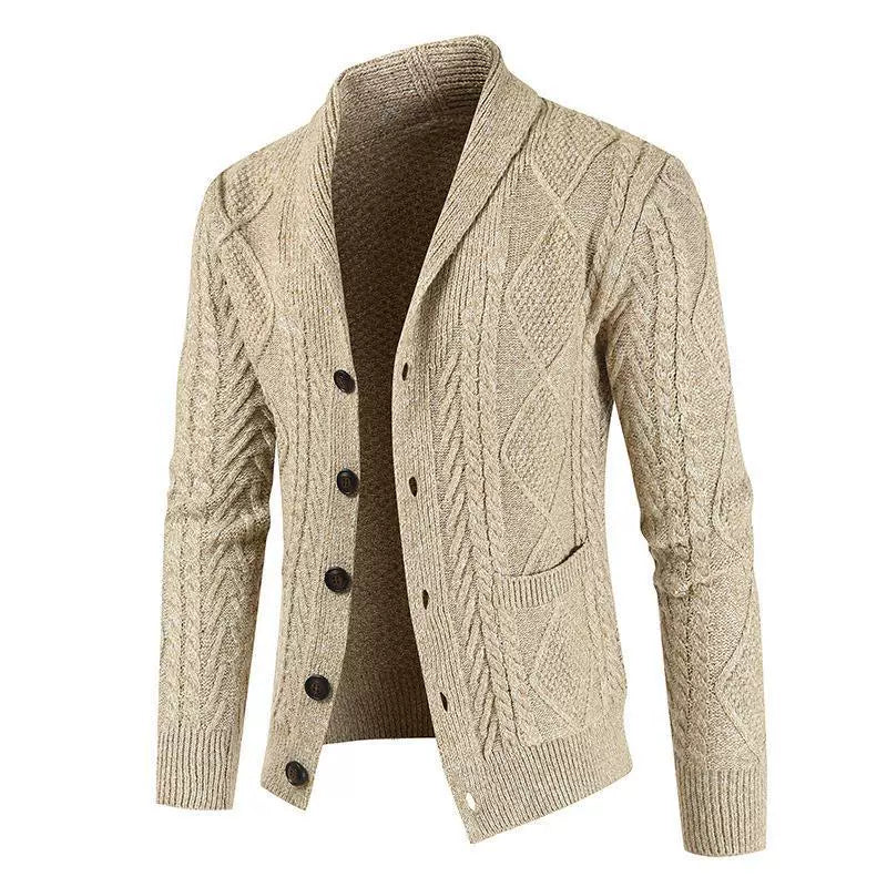Men's Cardigan – Wool Cable Knit – Regular Fit – Shawl Collar – Button Closure – Pockets